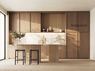 Workshop wooden wall slats in modern kitchen in warm color tones