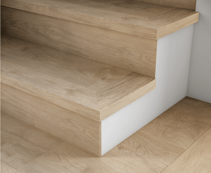 Sequoia waterproof laminate flooring installed on stairs with flush stair nose